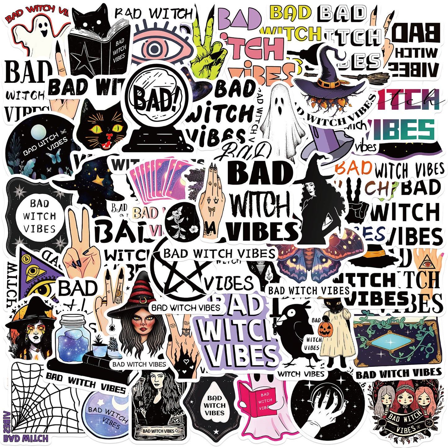 50 PICS BAD Witch Vibes Vinyl Super Durable Hard Hat Stickers for Guitar, Laptops, Hard Hat, Bottles, Vehicles, Windows, Rooms and more~~~