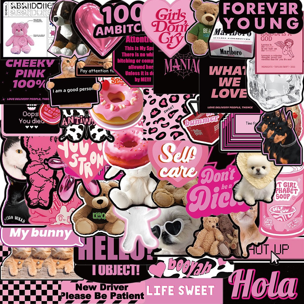 50 PICS BLACK & PINK GIRLS-POWER Slogan  Original  Designed Waterproof Stickers for Guitars, Laptops, Gifts, Rooms, Vehicles and more