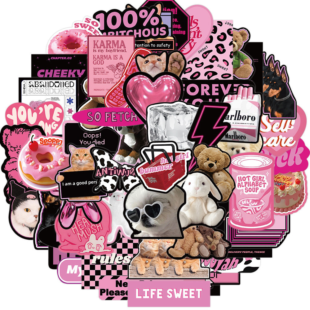 50 PICS BLACK & PINK GIRLS-POWER Slogan  Original  Designed Waterproof Stickers for Guitars, Laptops, Gifts, Rooms, Vehicles and more