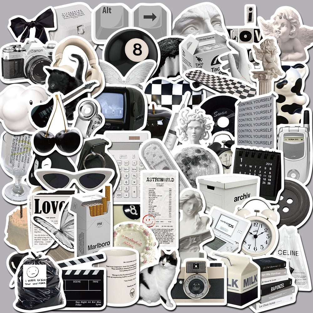 60 PICS Vintage Black and Cream Artists-Style Minimalism Vinyl Stickers for Guitar, Laptops, Hard Hat, Bottles, Vehicles, Windows, Rooms and more~~~