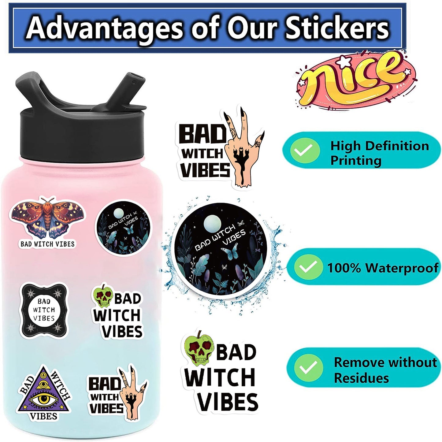 50 PICS BAD Witch Vibes Vinyl Super Durable Hard Hat Stickers for Guitar, Laptops, Hard Hat, Bottles, Vehicles, Windows, Rooms and more~~~