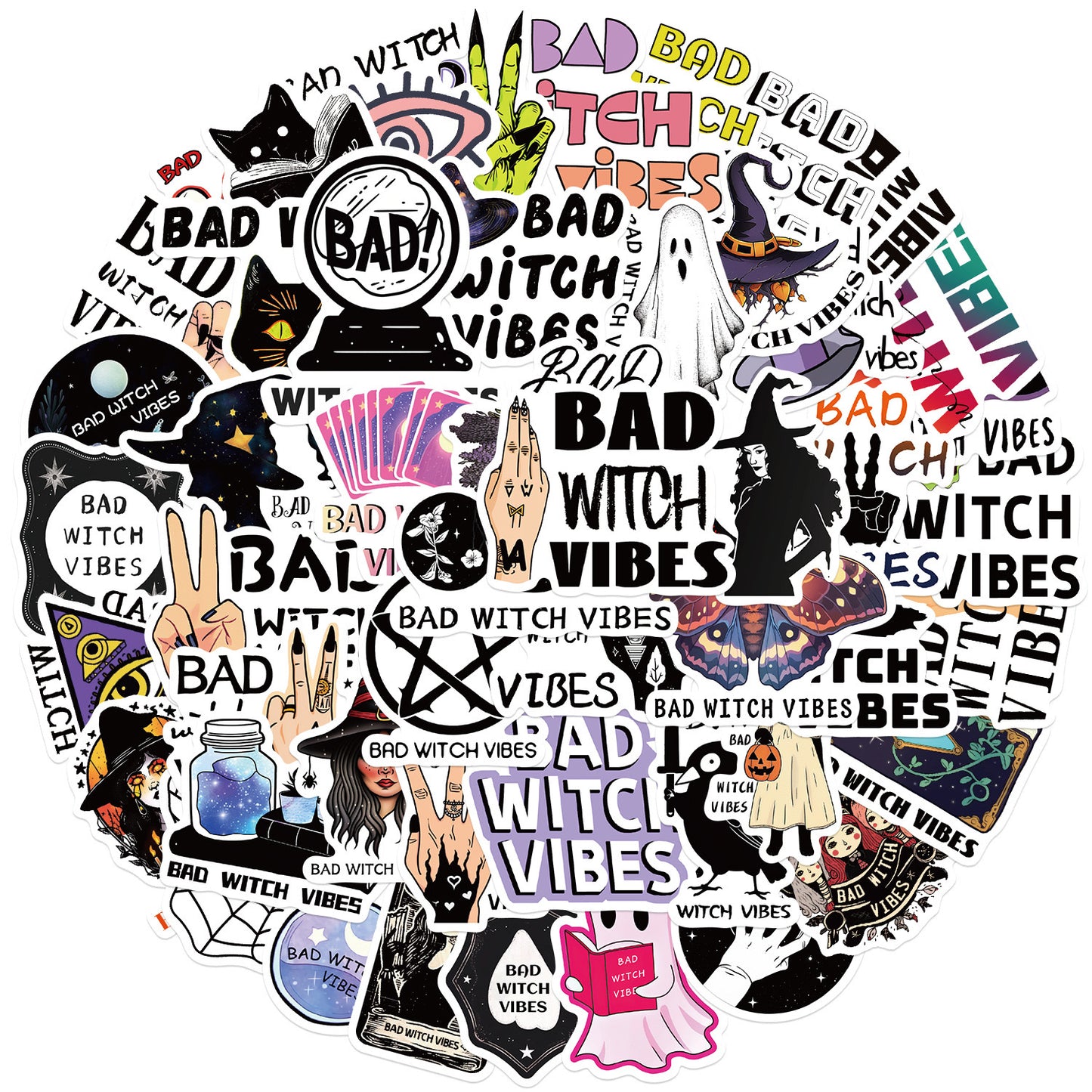 50 PICS BAD Witch Vibes Vinyl Super Durable Hard Hat Stickers for Guitar, Laptops, Hard Hat, Bottles, Vehicles, Windows, Rooms and more~~~