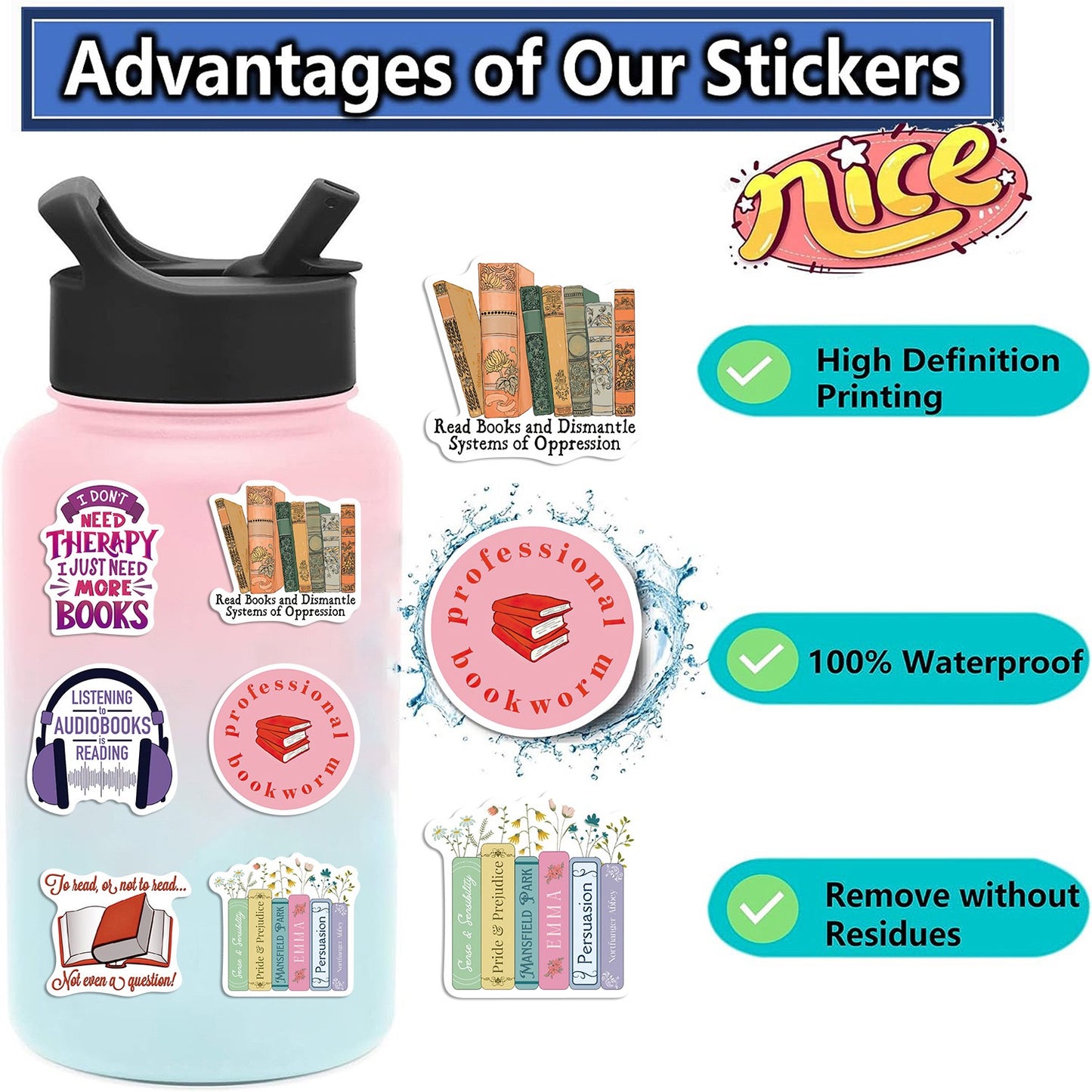 50 PICS Reading Lovers Stickers WaterProof Stickers for Guitar, Laptops, Hard Hat, Bottles, Vehicles, Windows, Rooms and more~~~