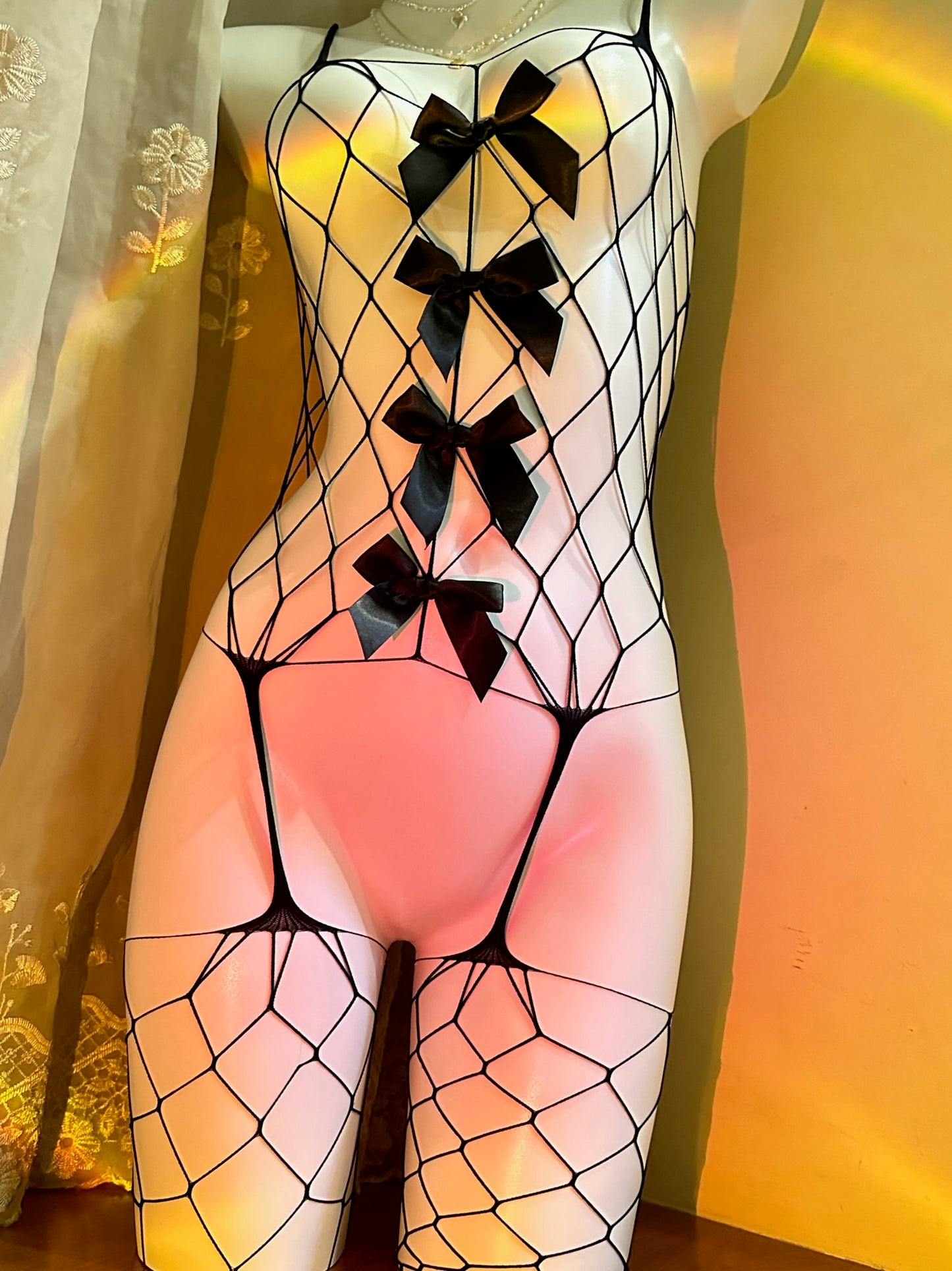 Seductive Fishnet Body Stocking with bows decors